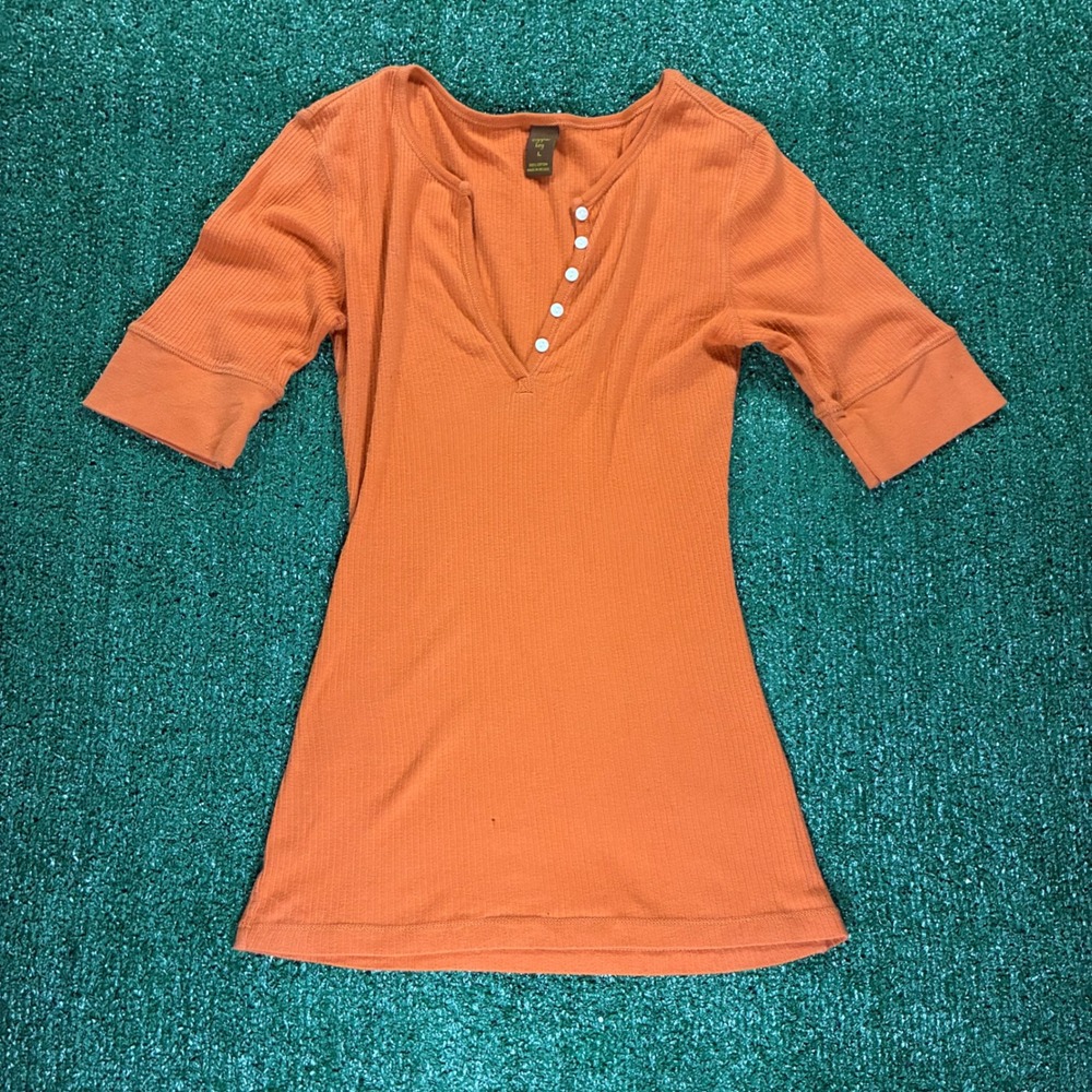 Y2K Copper Key Henley Ribbed Knit Top Orange